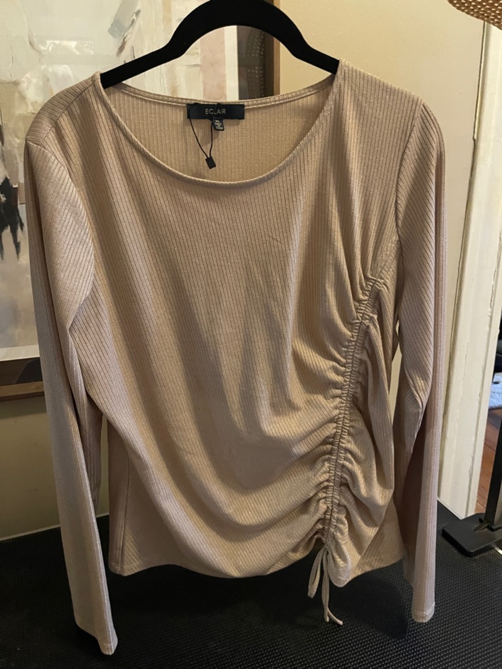 Women's Long Sleeve Ruched Beige Top shimmery gold